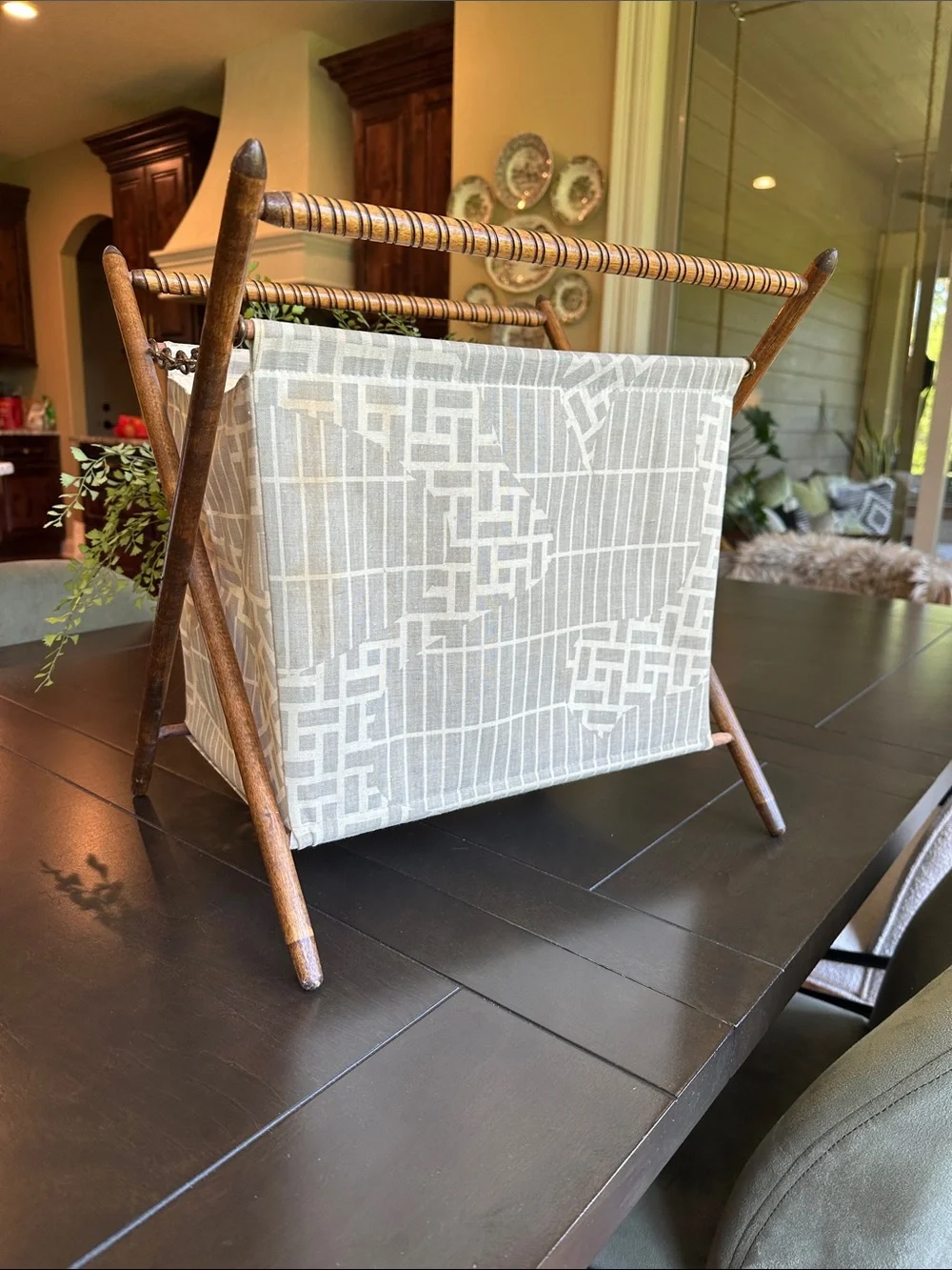 Vtg MCM fabric and wood sewing or magazine holder